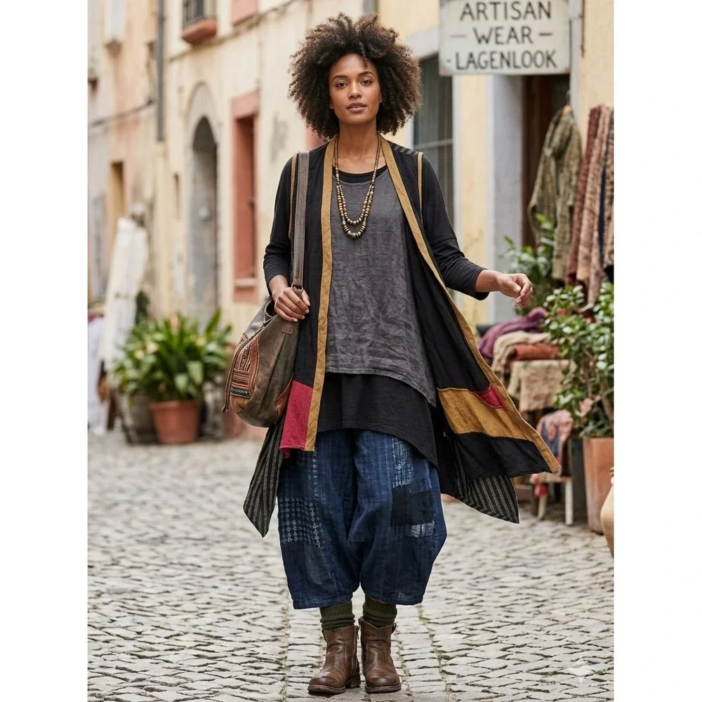 Khangura Women XL Longline Vest Linen Blend Lagenlook Mixed Media Open Front USA